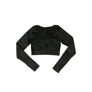 Women’s Cropped Long Sleeve Workout Top QQQ Size M Black Square Neck Thumb Holes